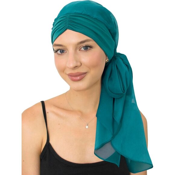 Women’sTeal Solid Scarf Skull Cap Chemo Headwear Hair Loss Turban